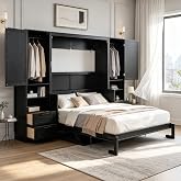 MLZTINGR Queen Murphy Bed Cabinet with Desk &amp; Storage, Wall Bed Cabinet Bed with Closet, Drawers and Shelves, Hidden Folding Wall Bed for Small Space, Studio, Office, Guest Room, Black Oak