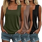 Huukeay 3 Pack Summer Women's Tank Tops Cotton Sleeveless Shirt Loose Fit Square Neck Tank Top with Side Slits(Black, Coffee, Army Green,Large)