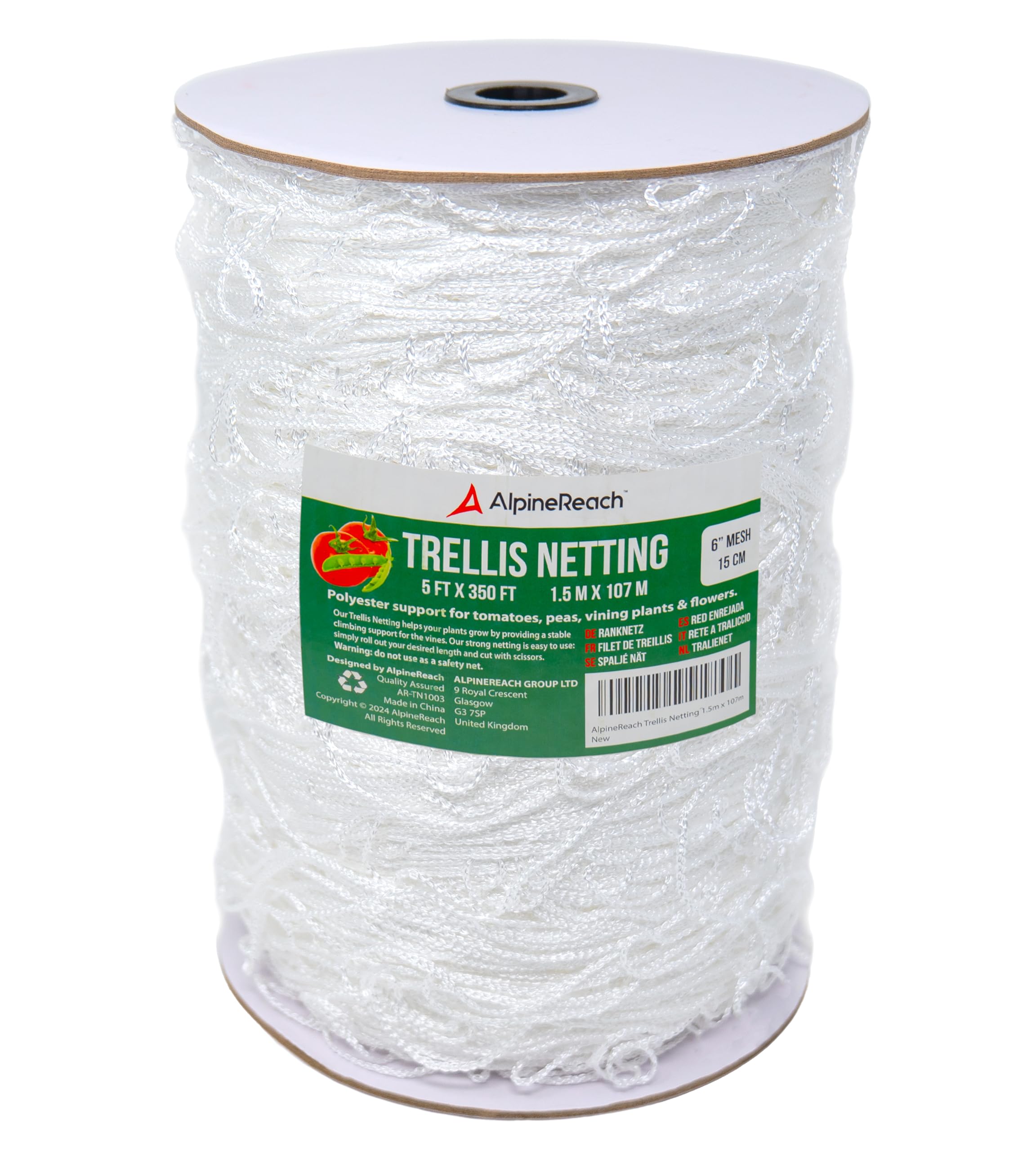 AlpineReach Trellis Netting Heavy Duty Polyester White - 6 Inch Mesh Support Twine for Growing High Yield Tomatoes, Peas, Vine Climbing Plants Fruits Vegetables (1.5m x 107m, White)