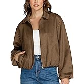 Ladyful Faux Suede Bomber Jacket Women Cropped Long Sleeve Zip Up Y2K Fall Leather Coat Outerwear