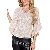 YHHOWEP Women‘s Sequin Tops 3/4 Sleeve Glitter Sparkle V Neck Dressy Wrap Blouse Cocktail Evening Party Club Concert Shirt