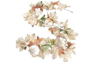 Sggvecsy Fall Maple Leaf Garland with White Pumpkins Clusters of Berries Autumn Hanging Foliage for Home Indoor Outdoor Party Thanksgiving Fireplace Decor (1 PCS)