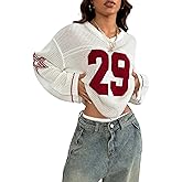 QJQ Women's Oversized Jersey Shirts Long Sleeve V Neck Crochet Knit Sweater Tops Hollow Out Graphic Pullover