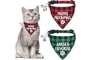 STMK 2 Pack Christmas Cat Bandana Collar with Bell, Breakaway Holiday Cat Kitten Bandana Collar with Bell for Cats Costumes Outfits (Merry Meowmas & Santa's Favorite)