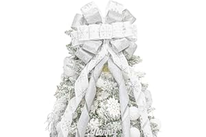 Hismir Christmas Tree Topper Bow, 53x13 Inches Large Christmas Bow with Glitter Streamer and Patterned Ribbon, Decorative Bows for Xmas Tree Wreath Door Festival Home Decor(White & Silver Snowflake)