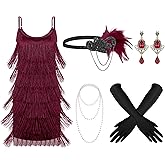 Zhanmai 6 Pcs Flapper Dress Flapper Costumes for Women 1920s Accessories Set Headband Pearl Necklace Earrings Gloves Stick
