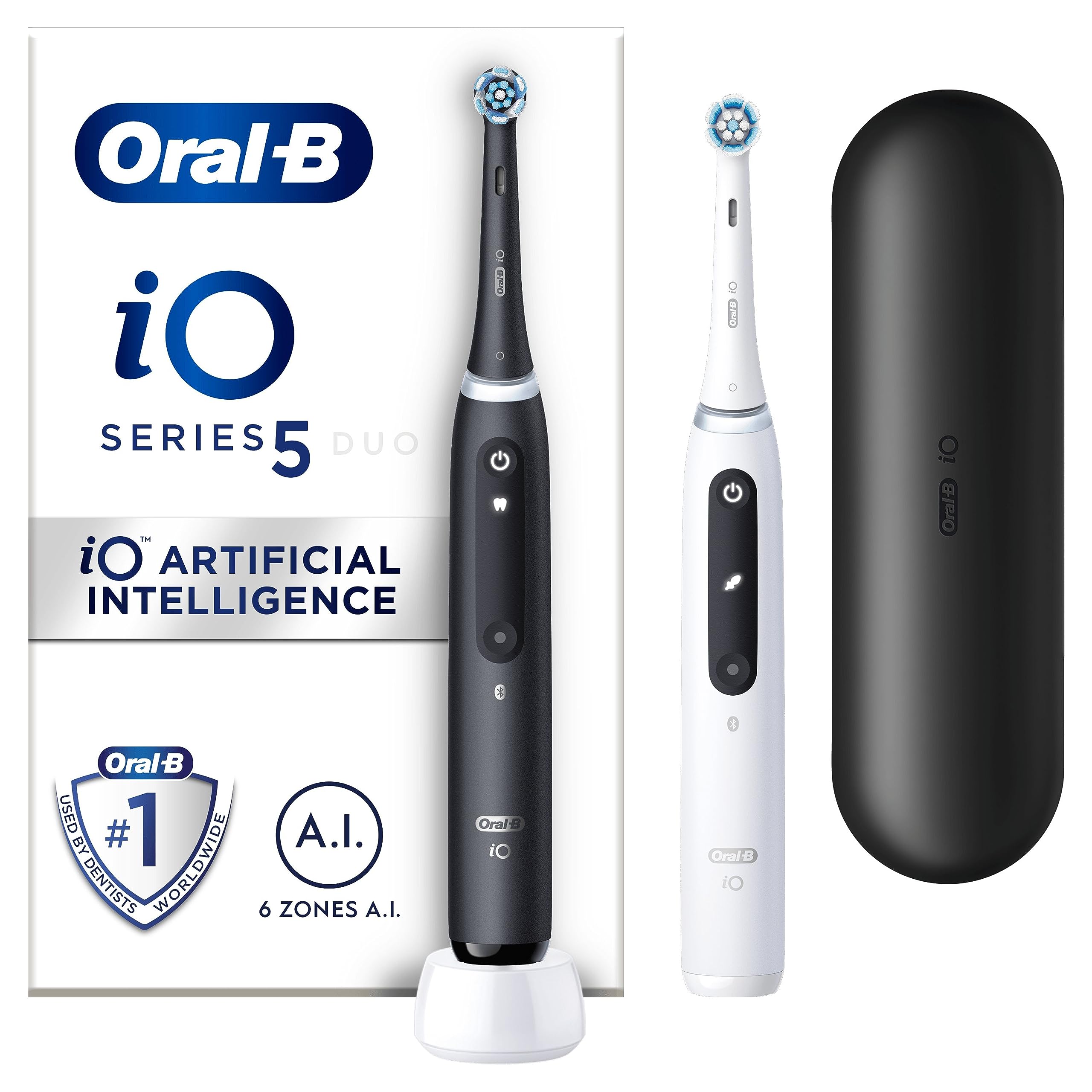 Oral-B iO5 2x Electric Toothbrushes For Adults, Mothers Day Gifts For Her / Him, 2 Handles, 2 Toothbrush Heads & 1 Travel Case, 5 Modes, Teeth Whitening, UK 2 Pin Plug, Black & White