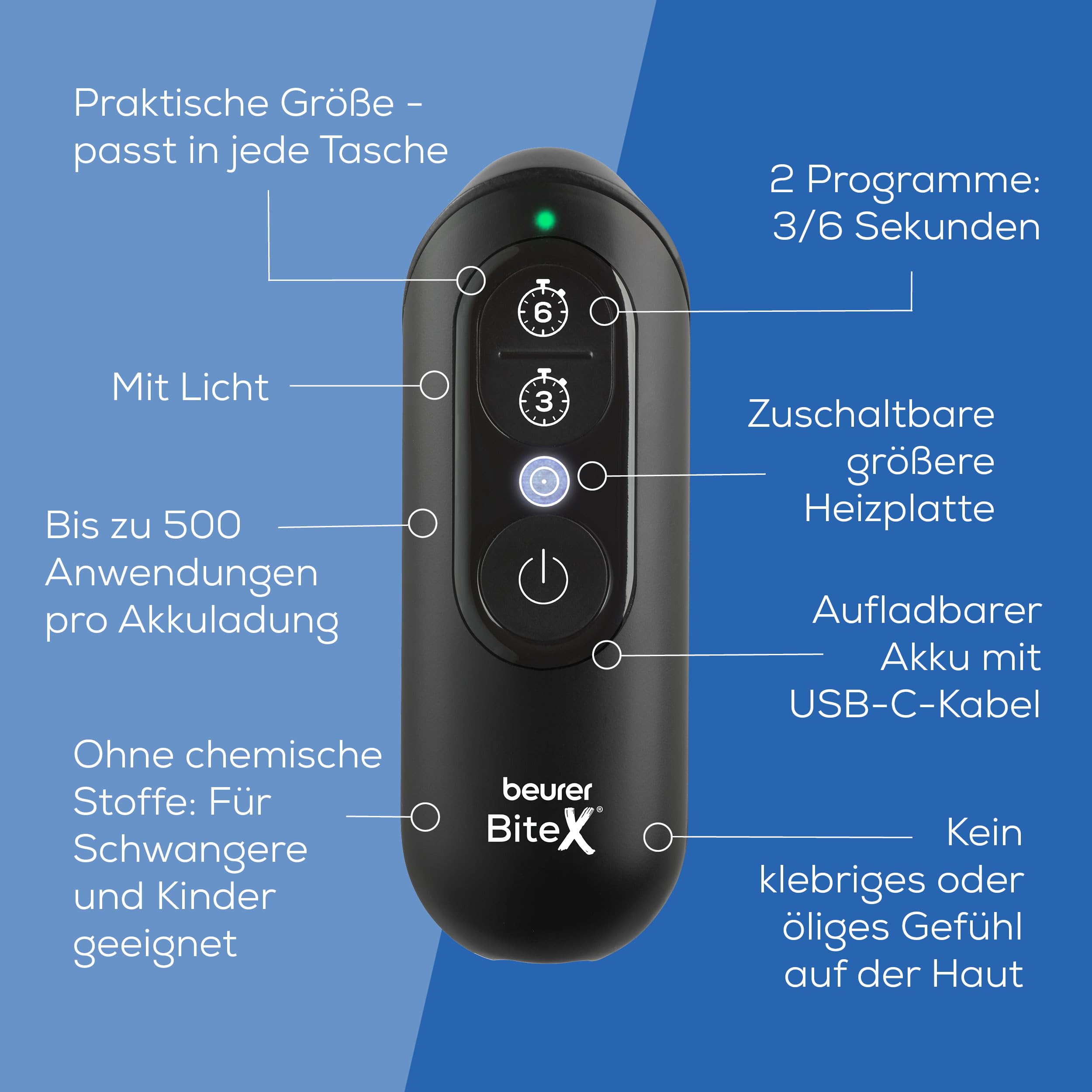 Beurer BiteX Max Deep Black Insektenstichheiler mit größerer Heizfläche, Mückenstich Hitzestift zur Behandlung von Insektenstichen- und bissen, elektronischer Stichheiler, mit Licht und Akku 7