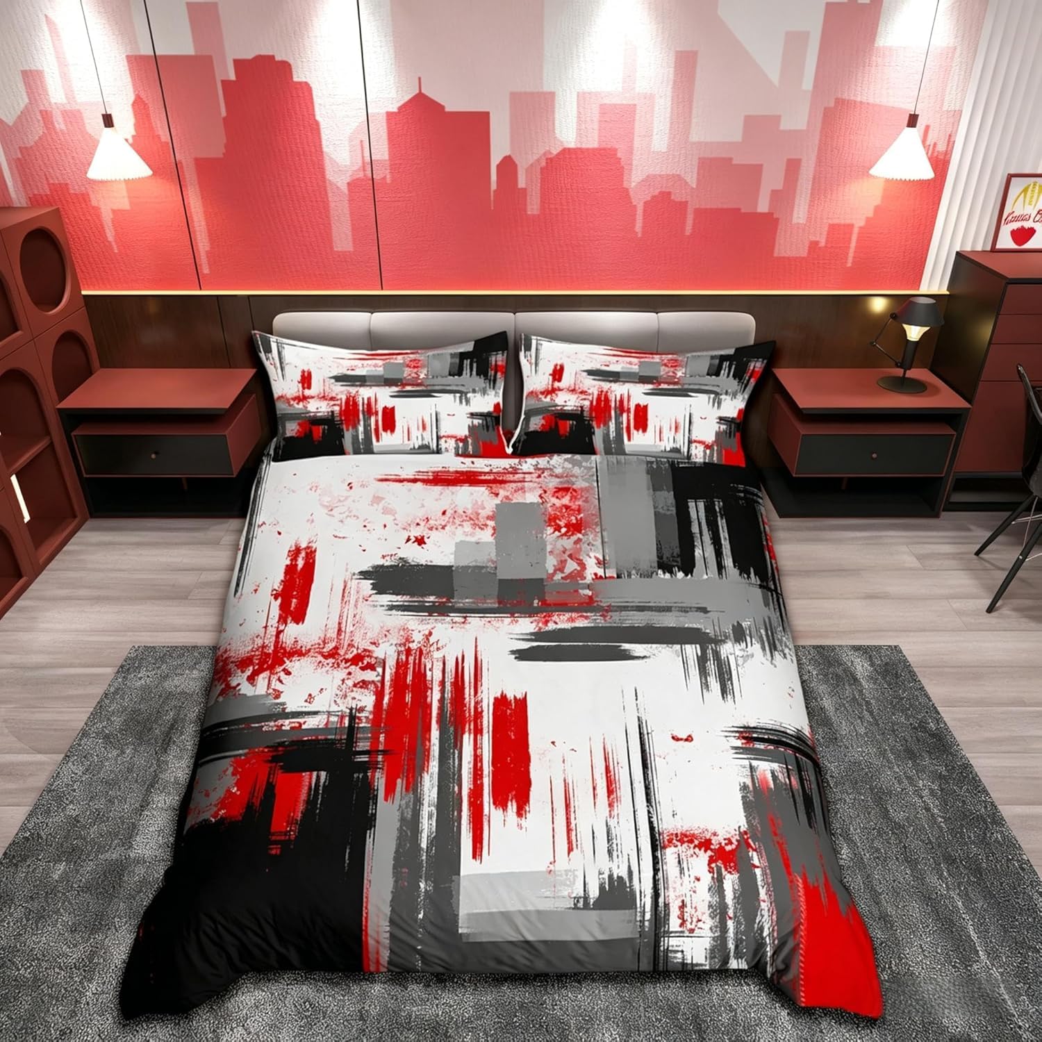 Abstract Bedding Set Modern Abstract Art Comforter Cover for Boys Girls Children Red Grey Black Pattern Bedding Duvet Cover Set Room Decor King Size Bedspread Cover 3Pcs โ image 1