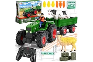 FRUSE Remote Control Tractor Toy,RC Tractor Set & Truck and Trailer,Truck Toys with 2 Rechargeable Batteries,Light,Farm Toys Include Cows,Sheep and Hay Bales,Toys for 3 4 5 6 7 8 Years Old Boys Girl
