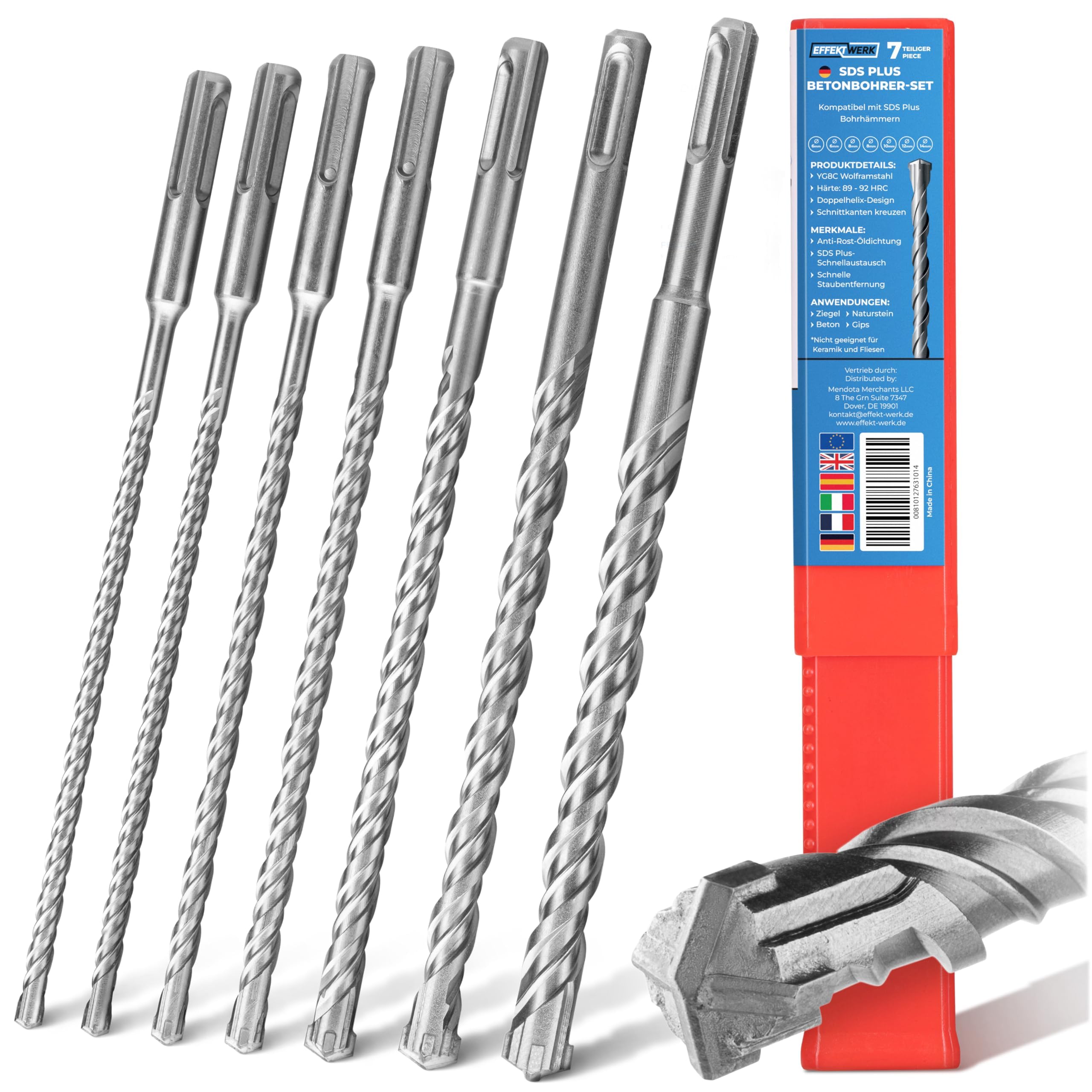 Effektwerk 7-Pc Hammer Drill Bit Set (6/8/10/12/14mm), Tungsten Tipped Carbide Drill Bits for Reinforced Concrete, Brick & Stone Masonry, Suitable for Rotary Hammers & Impact Drills w/SDS Plus Shank