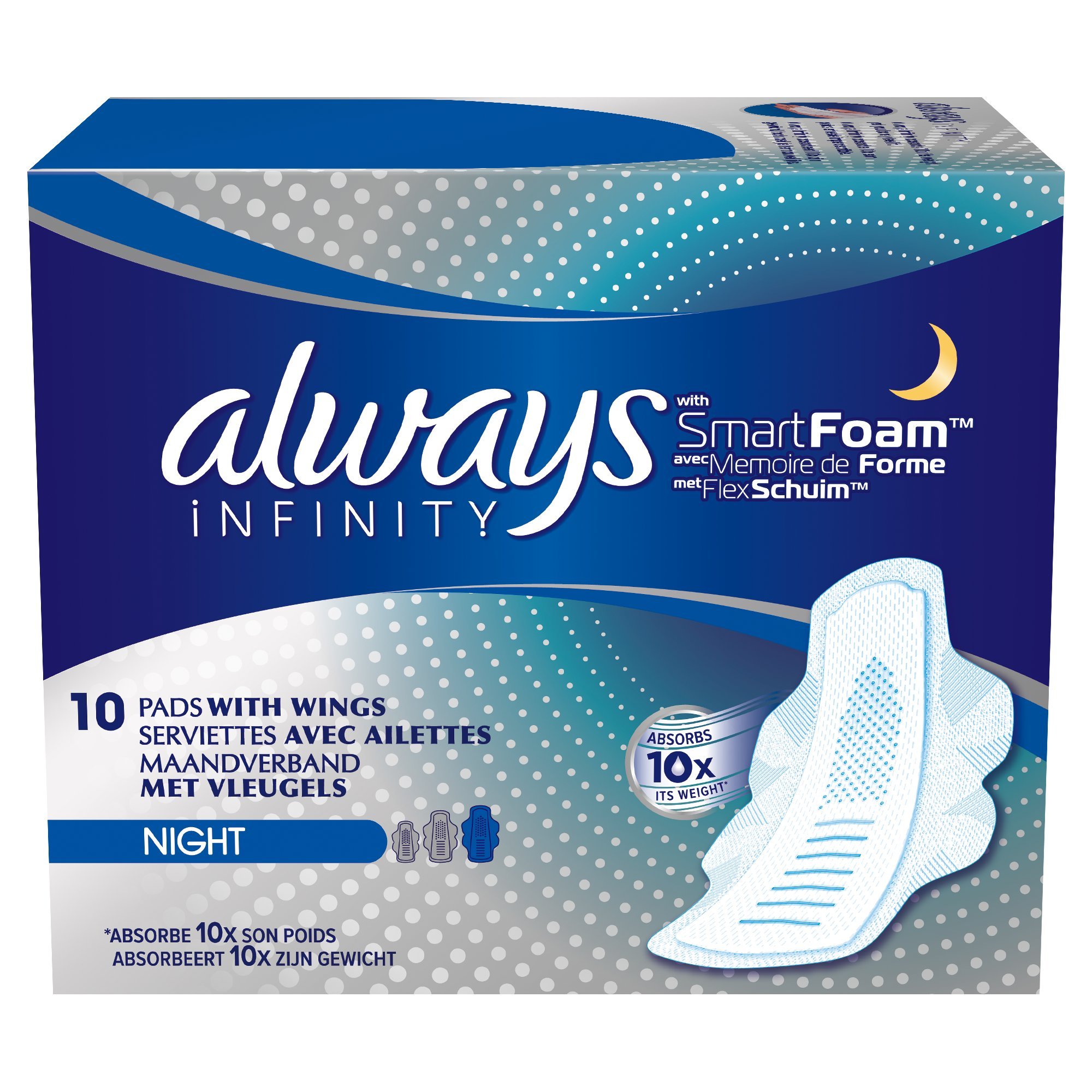 Always Infinity Night (Size 3) Sanitary Pads with Wings, 10 per Pack (Pack of 2)