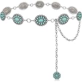 Womylufy Turquoise Concho Belt for Women Silver Flower Western Chain Cowgirl Boho Belt Accessories for Dresses