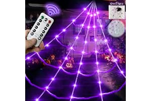 HBSTK 20*17FT Halloween Spider Web 150 Led Purple Lights Light Up Lighted Triangular Giant Battery Operated Waterproof with 200sqft Cobweb and 20 Small Spiders for Indoor and Outdoor Decor Yard Decoration