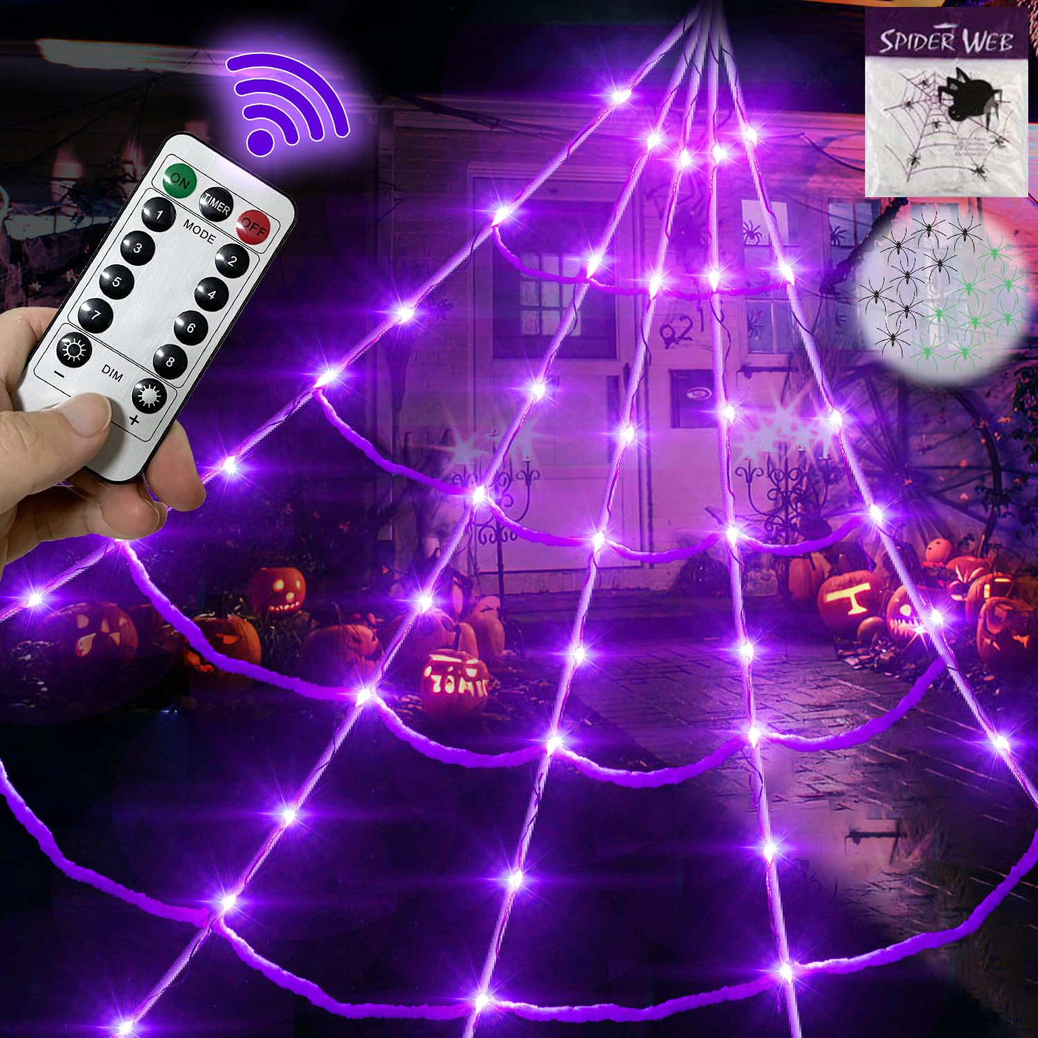 Photo 1 of 20*17FT Halloween Spider Web 150 Led Purple Lights Light Up Lighted Triangular Giant Battery Operated Waterproof with 200sqft Cobweb and 20 Small Spiders for Indoor and Outdoor Decor Yard Decoration