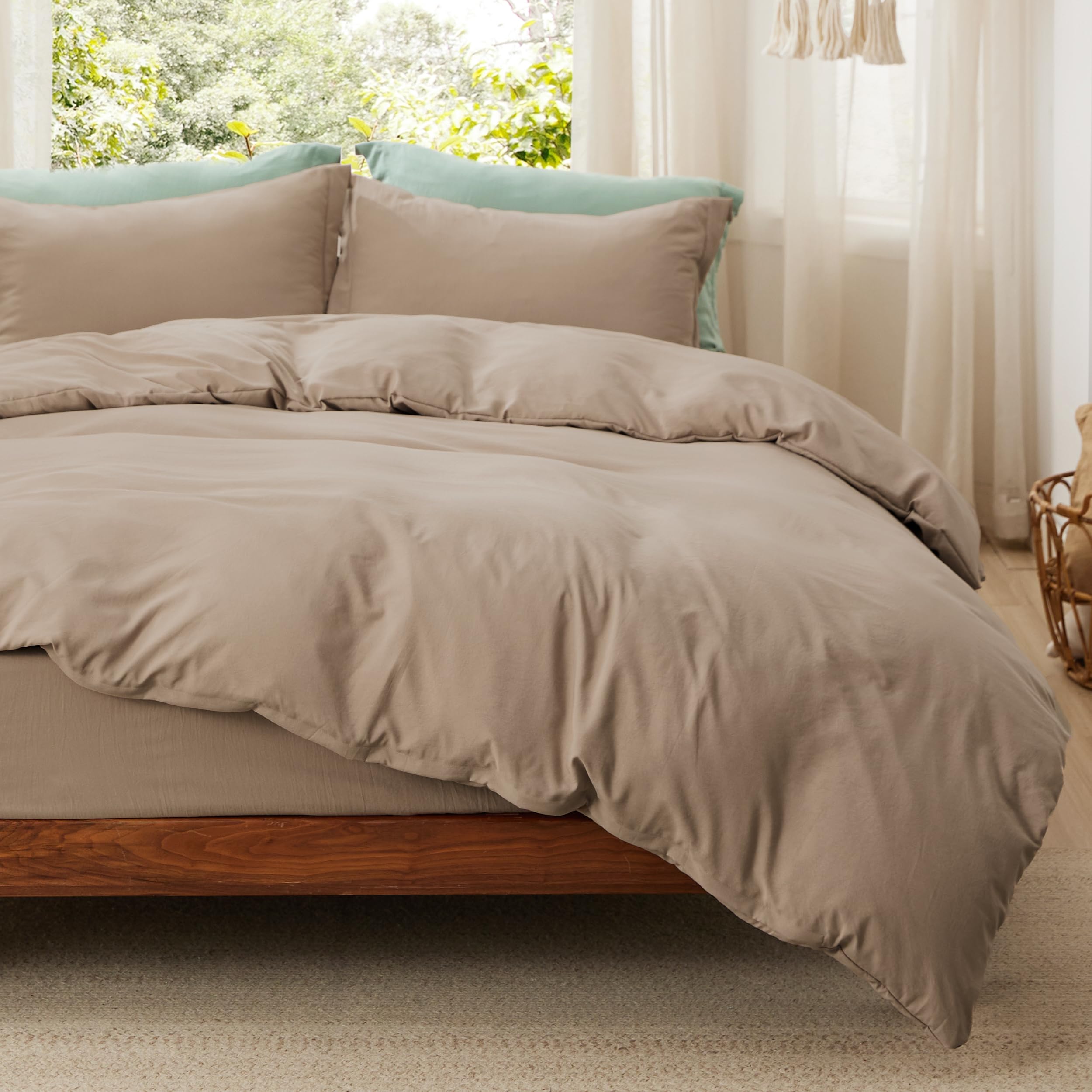 Photo 1 of Bedsure California King Size Duvet Cover with Fitted Sheet - 4 Pieces Prewashed Cotton-Like Extra Soft Bedding Set, Includes 1 Duvet Cover 104x98 Inches, 2 Pillow Shams, 1 Fitted Sheet, Deep Beige