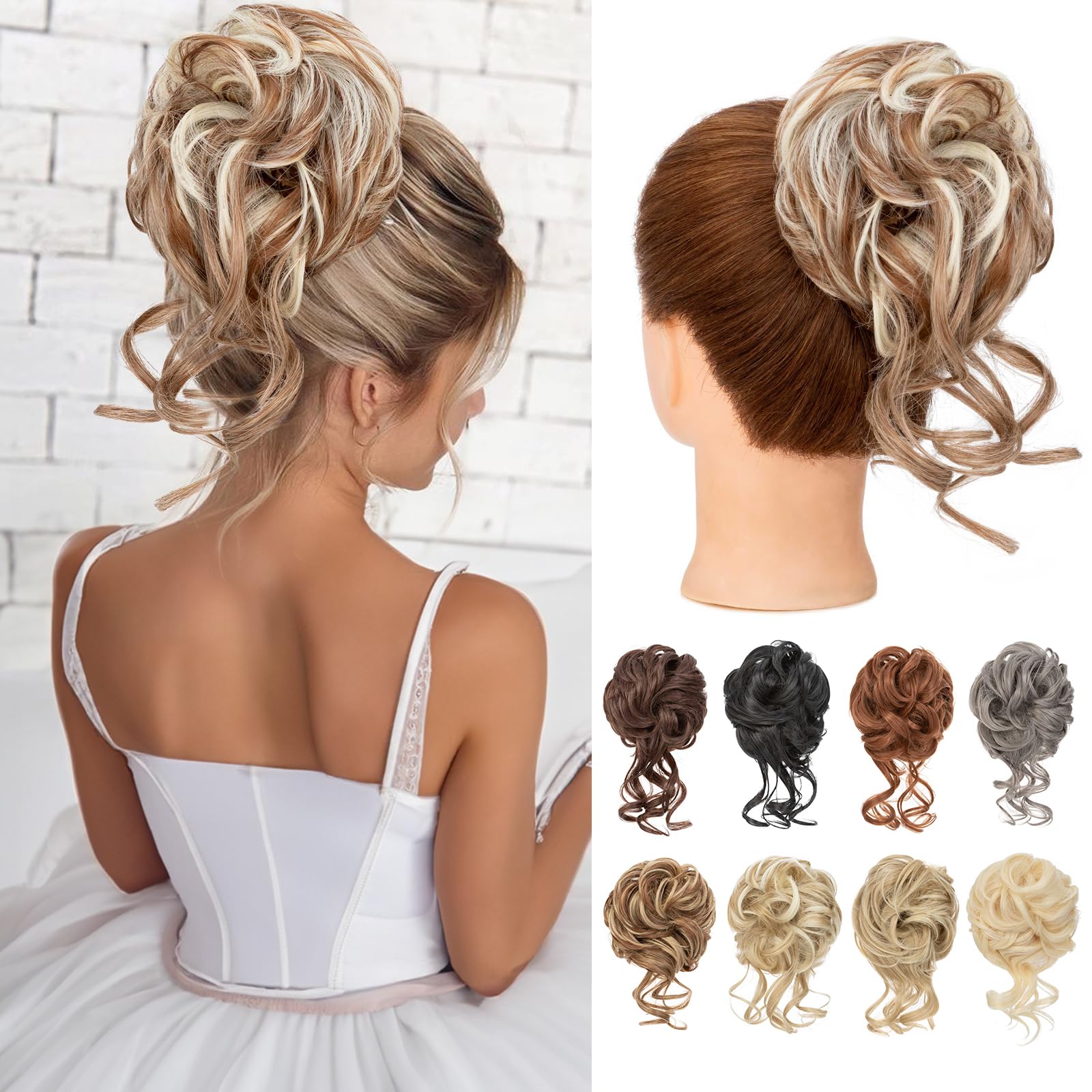 Benehair Messy Bun Hair Piece Wavy Curly Claw Clip Hair Bun Extensions Synthetic Hair Bun Donut Accessories Scrunchies Hair Pieces for Women(Brown mix White Blonde, 75g)