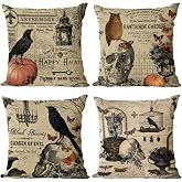 YeeJu Set of 4 Halloween Decorative Throw Pillow Covers Square Cotton Linen Cushion Covers Outdoor Couch Sofa Home Pillow Cases 18x18 Inch