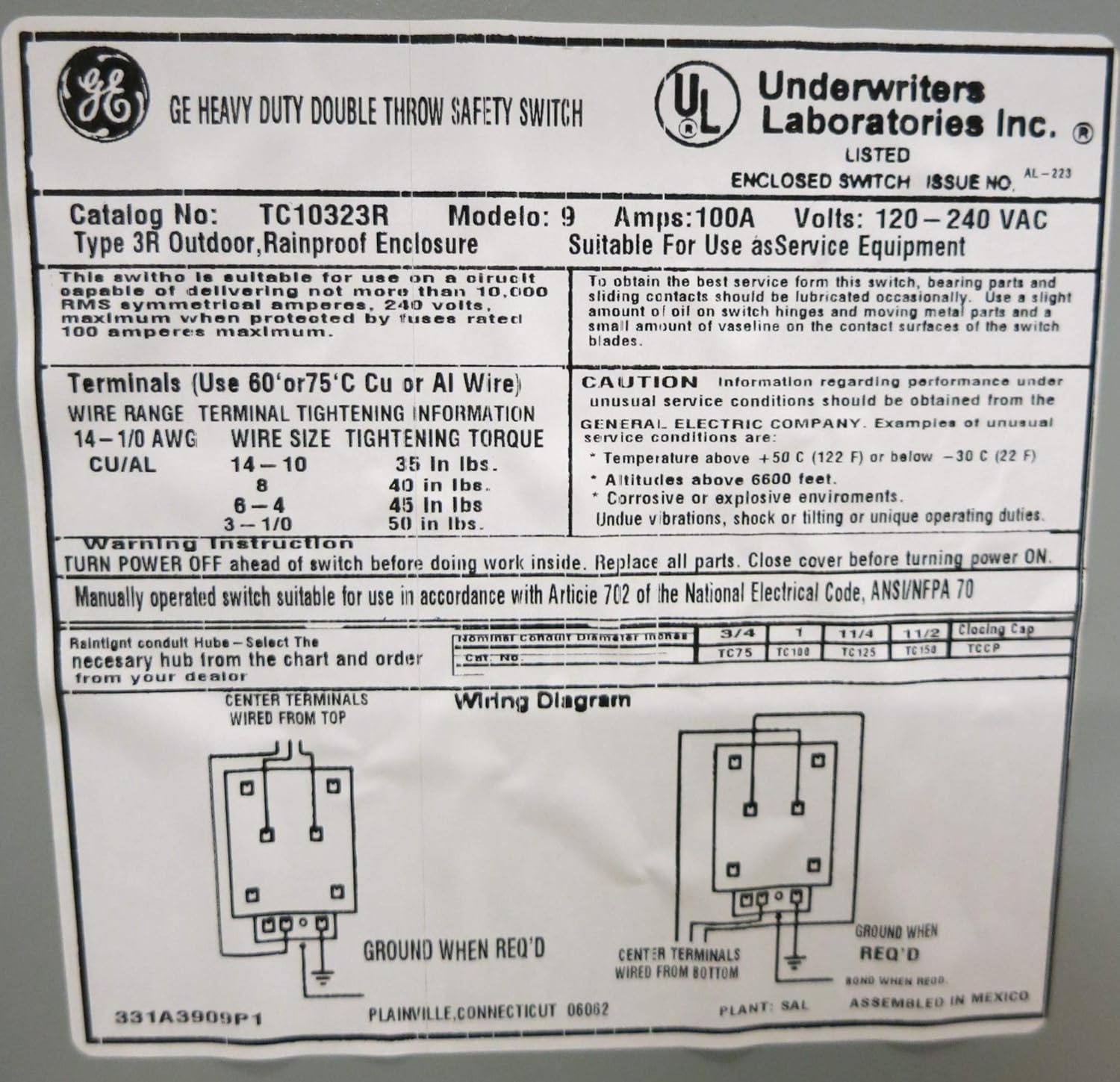 GE Energy Industrial Solutions TC10323R GE Outdoor Double Pole Double Throw Safety Switch, 100-Amp - Circuit Breaker Panel Safety Switches - 