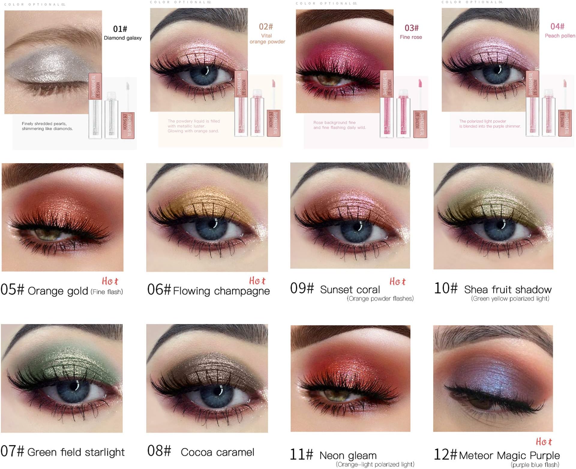 12 Colors Set Long-lasting Makeup eyeshadow Liquid Highlighter Liquid Cosmetic Glow Brightener Shimmer-Silver, Rose, Golden color