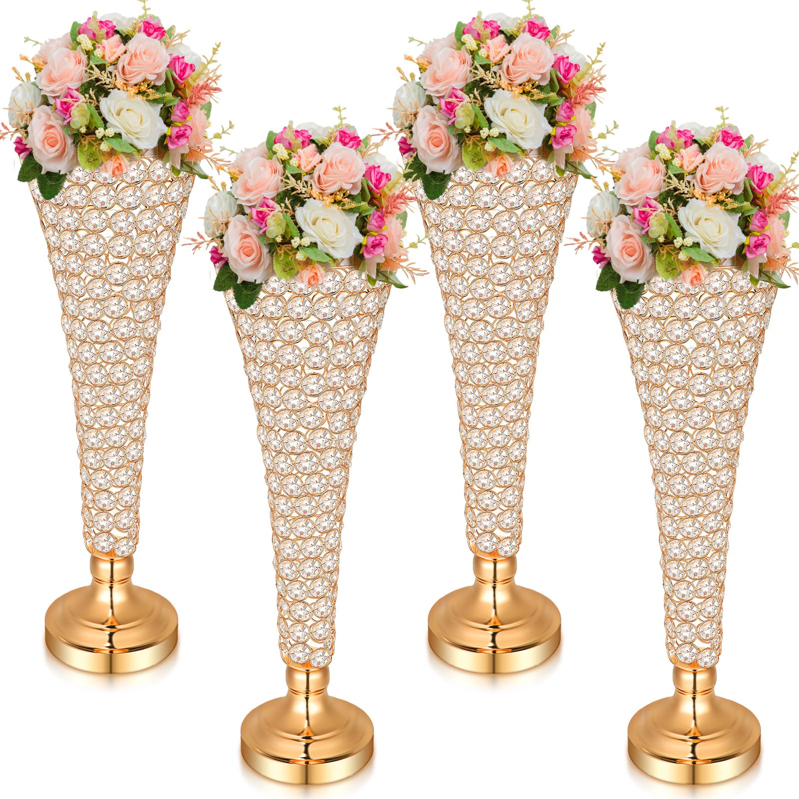 Photo 1 of Rtteri 4 Pcs 20 Inch Tall Crystal Vase for Centerpieces Wedding Metal Crystal Trumpet Flower Vase Stand for Table Floor Wedding Party Favor Banquet Celebration, Classic Elegance(Gold)