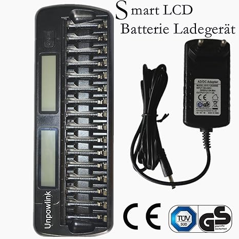 Unpowlink Intelligentes schnelles Ladegerät mit LCD-Display und 16 Steckplätzen für Ni-MH Ni-CD AA AAA Akku-Ladegerät, (Batte