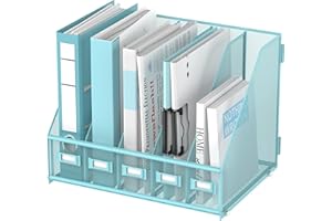 SUPEASY Desk Organizers Metal Desk Magazine File Holder with 5 Vertical Compartments Rack File Organizer for Office Desktop, Home Workspace, Blue Plus