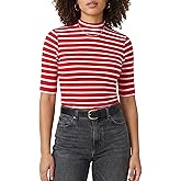Zengjo Women‘s Striped Shirt Mock Neck Elbow Length Slim Fitted Short Sleeve Ribbed Turtleneck Tops