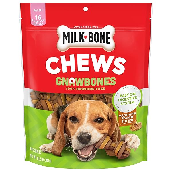 MILK-BONE CHEWS GNAWBONES RAWHIDE FREE DOG TREATS, PEANUT BUTTER & CHICKEN, 16 LONG LASTING MINI KNOTTED BONES