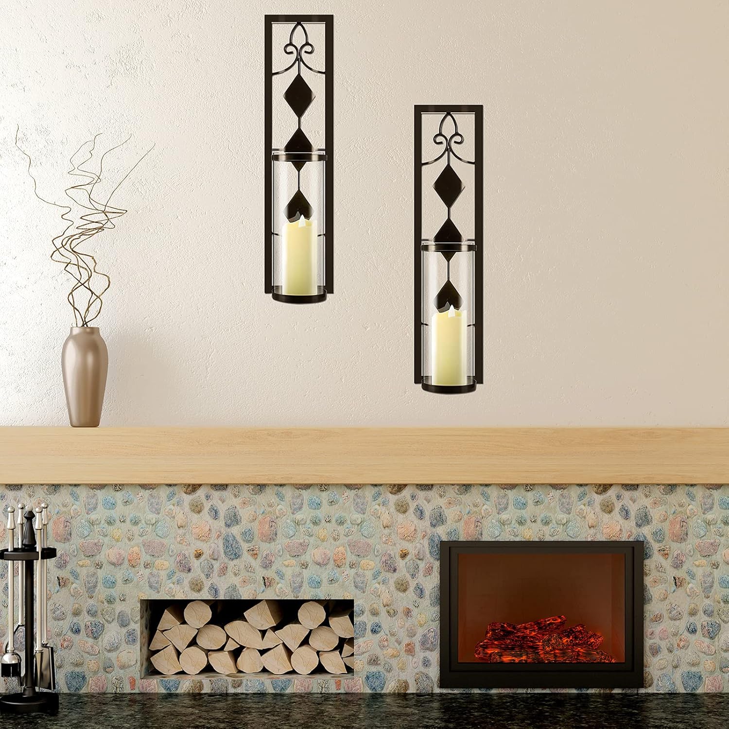 2 Set Wall Sconces Candle Holders Metal Wall Decorations Antique-Style Metal Sconces with Battery Operated Candles for Living Room, Bathroom, Dining Room, Patio or Office: Furniture & Decor