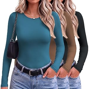 Women Long Sleeve Tops 3 Pack Thermal Soft Fleece Shirts Fall Fitted Tee | Trendy Going Out Top,Fashion Fleece Tee,Layering B
