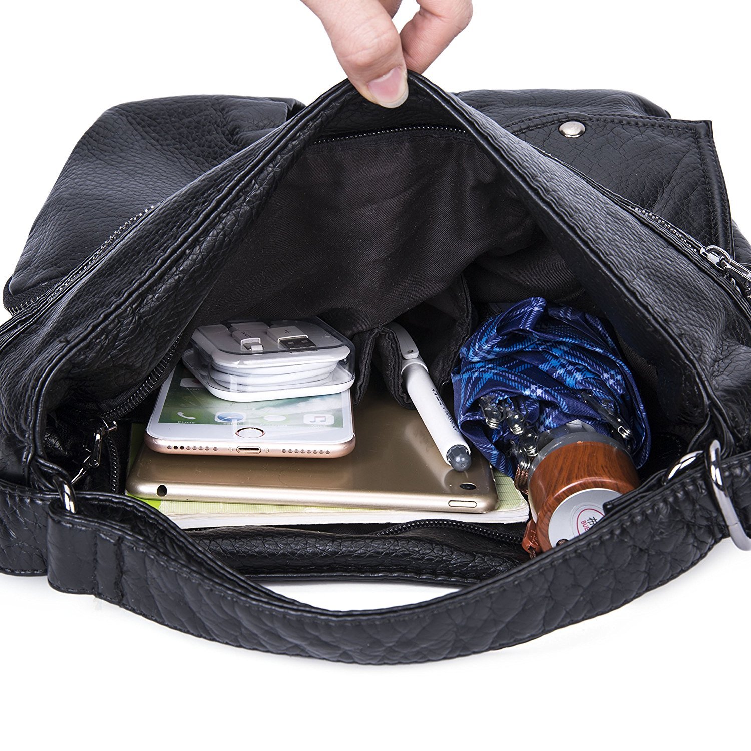 Bolsos de hombro Impermeable Mochila para mujeres Cuero PU suave lavado Bandolera Vintage Señoras-Negro2