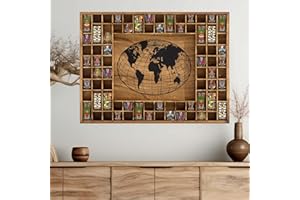 GlikCeil 68 Slots 40 x 28'' Large World Map Shot Glass Display Case Rustic Wood Shot Glass Holder for Different Size Wineglass Bar Shelf Organizer Storage Cabinet Decor