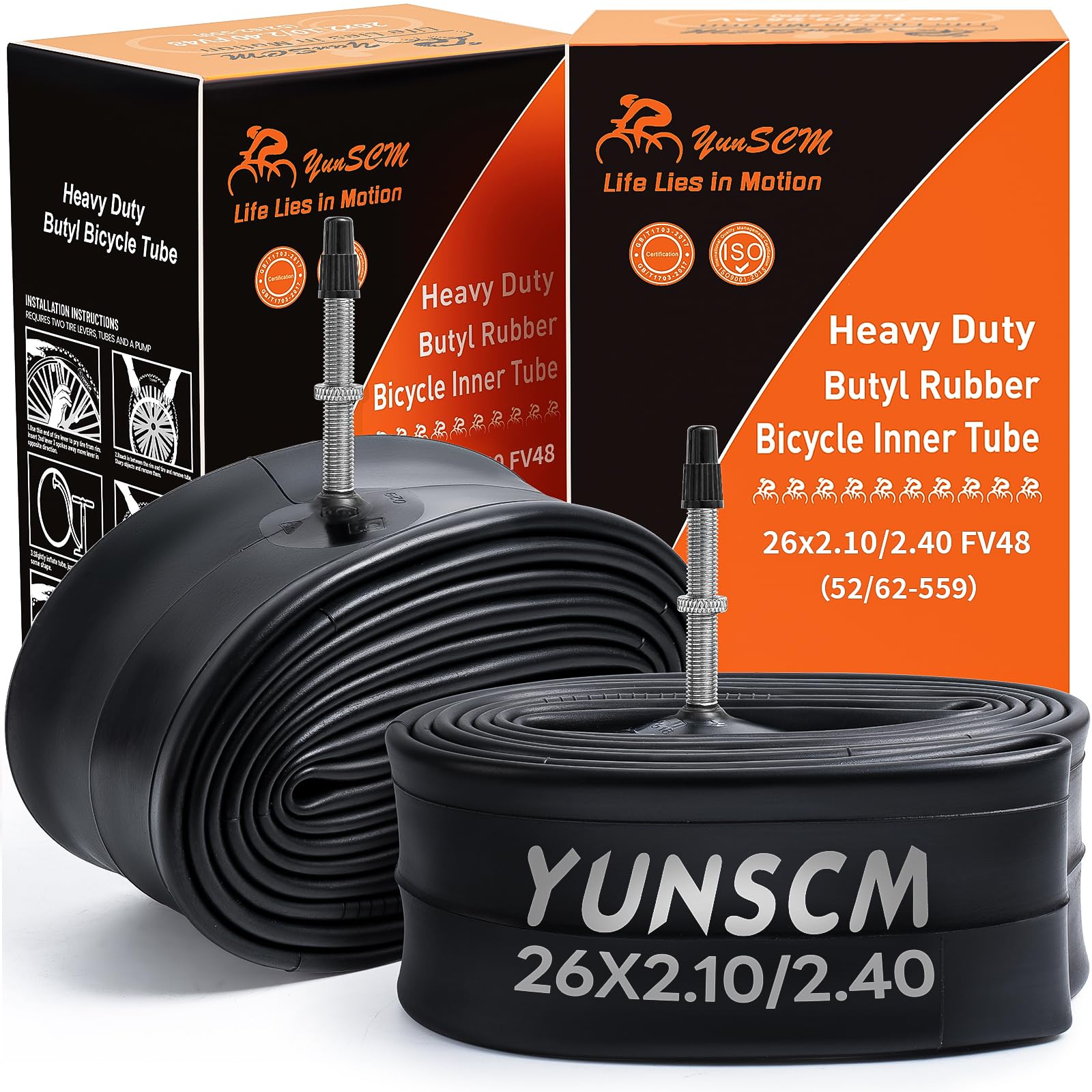 YunSCM 2PCS 26 Inch Heavy Duty Bike Tubes 26x2.10/2.40 FV48mm Presta Valve (52/62-559) Bicycle Tubes Compatible with 26X2.10 26x2.125 26x2.20 26X2.25 26X2.30 26x2.35 26X2.40 Bike Bicycle Tyre Tubes
