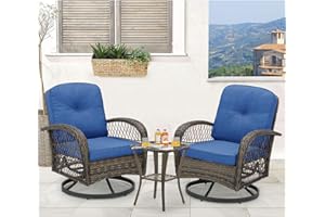 EROMMY 3 Pieces Outdoor Swivel Rocker Patio Chairs, 360 Degree Rocking Patio Conversation Set with Thickened Cushions and Glass Coffee Table for Backyard, Navy Blue