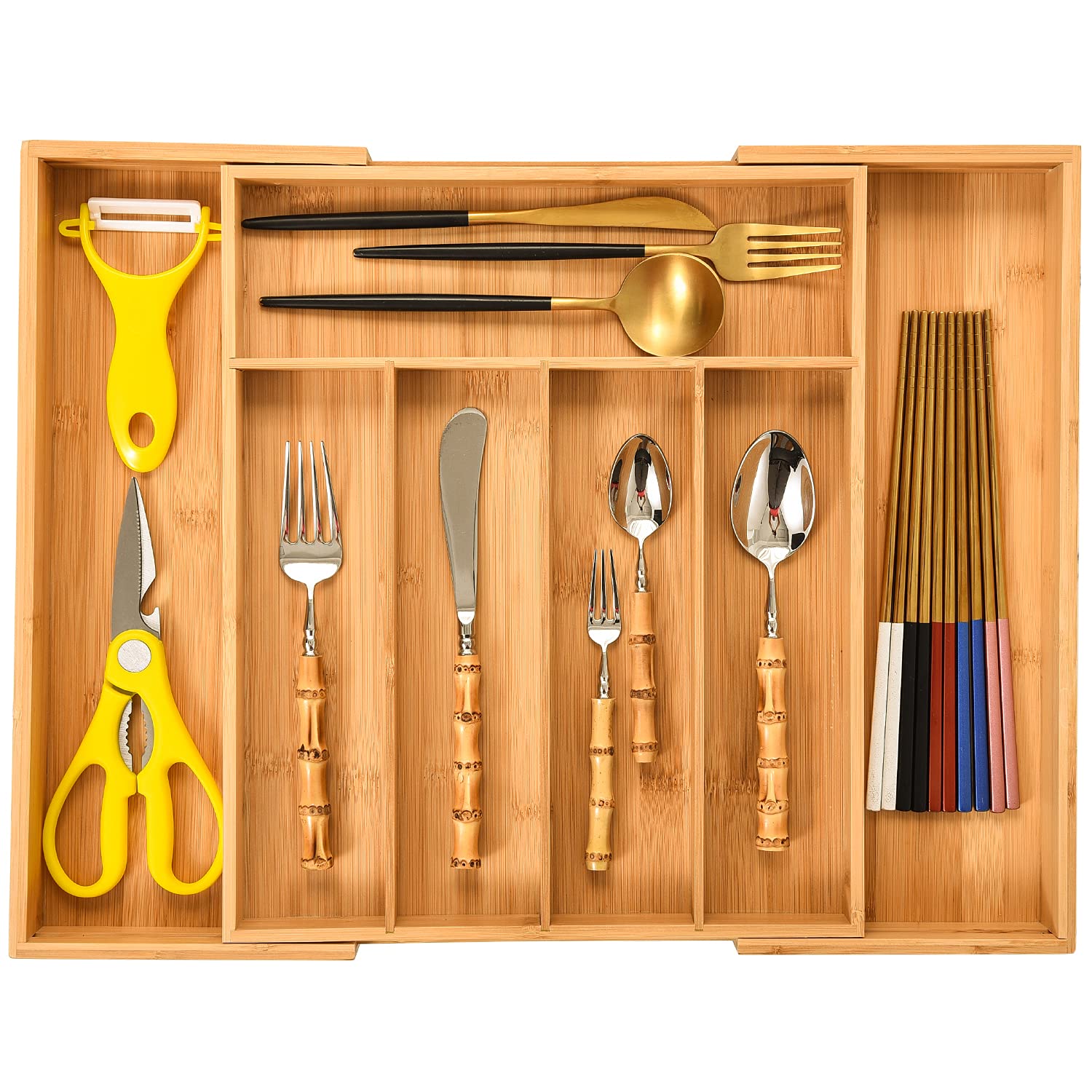 MASS DYNAMIC Cutlery Drawer Organizer Expandable Bamboo Utensil Tray, Adjustable Silverware and Flatware Holder, Compact Storage for Spoons, Forks, Knives - Ideal for Kitchen and Office Supplies