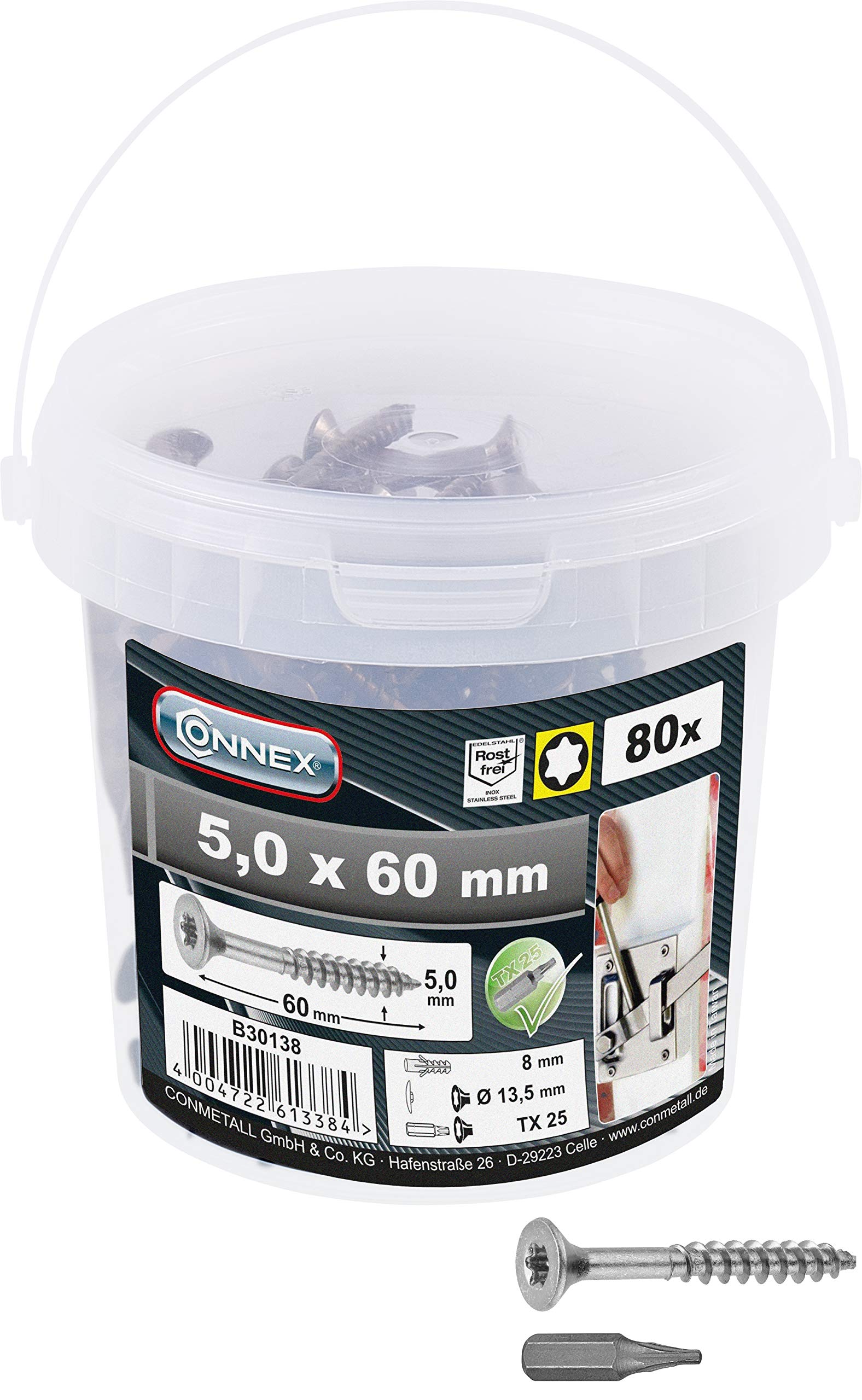 CONNEX B30138 Uni-Screws TX A2 Bucket 5,0x60, Multicolored, 5,0 x 60 mm (80 Stück) — image 1