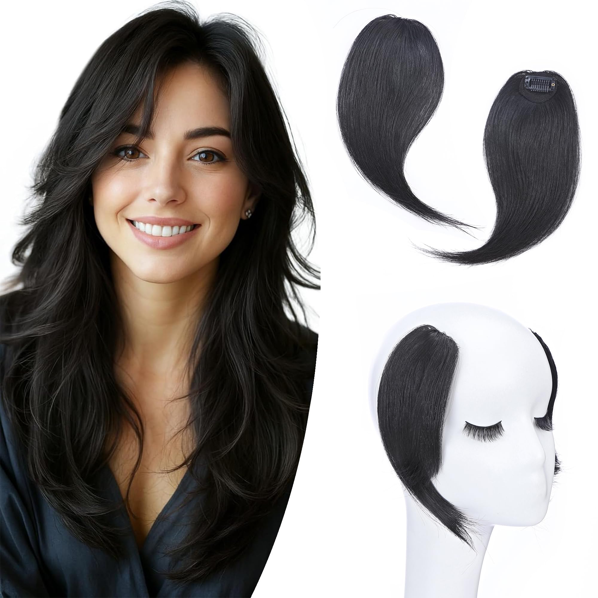 SEGO 2PCS Clip in Fringe Human Hair French Style Side Bangs [#1 Jet Black] Real Remy Hair Pieces for Women Straight Clip-on Fringe (16g)