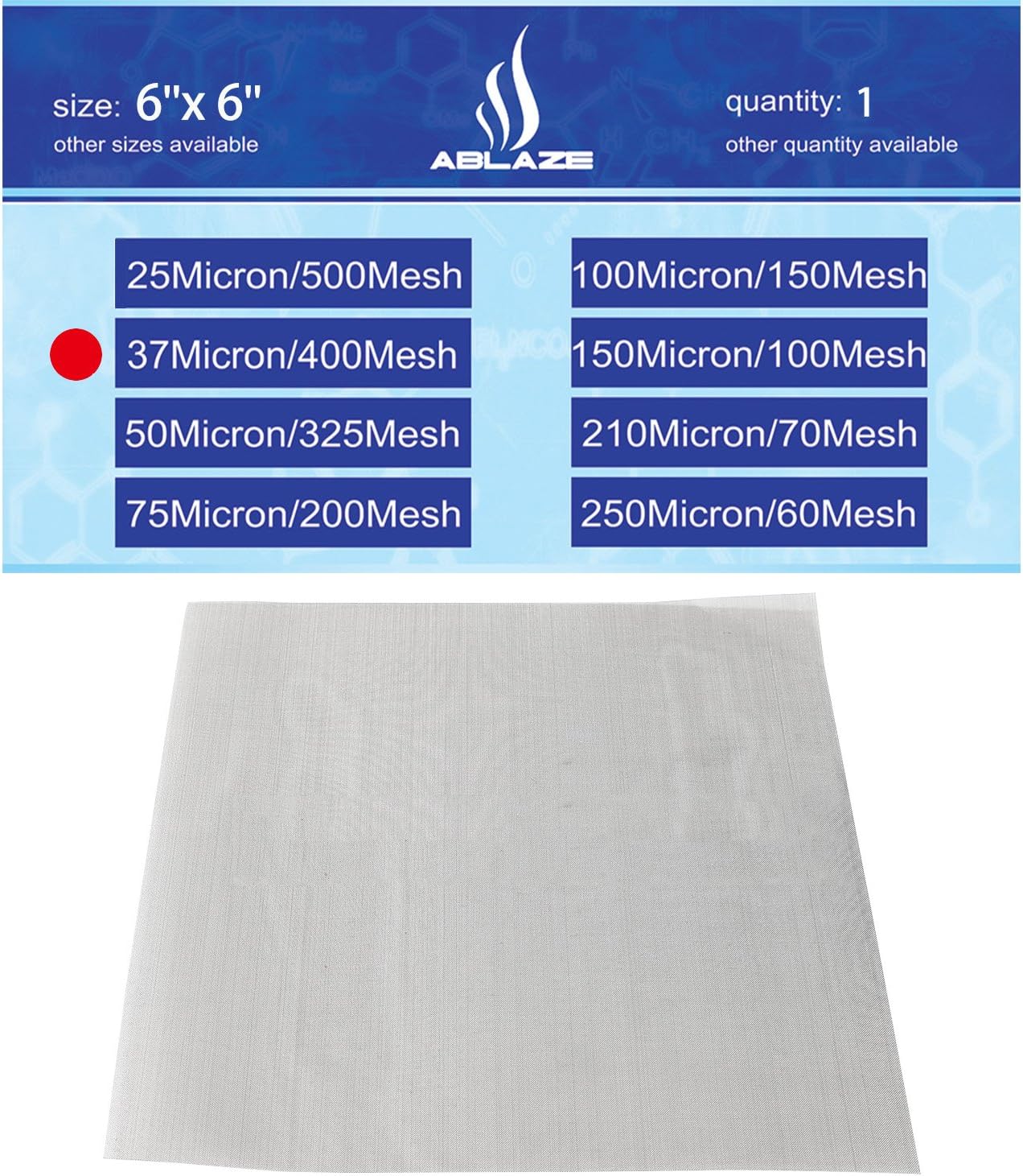 AblazeMesh 37 Micron 400 Mesh Screen Stainless Filter Material Particulate Capture Extracts Home Brewing Aquariums Biofuel (6''X6'')