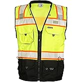 Kishigo Premium Black Series Men's Surveyors Vest S5002, Class 2 Hi-Vis, 10 Pockets, Zipper, Durable Webbing, ANSI/ISEA 107