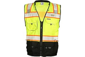 Kishigo Premium Black Series Men's Surveyors Vest S5002, Class 2 Hi-Vis, 10 Pockets, Zipper, Durable Webbing, ANSI/ISEA 107