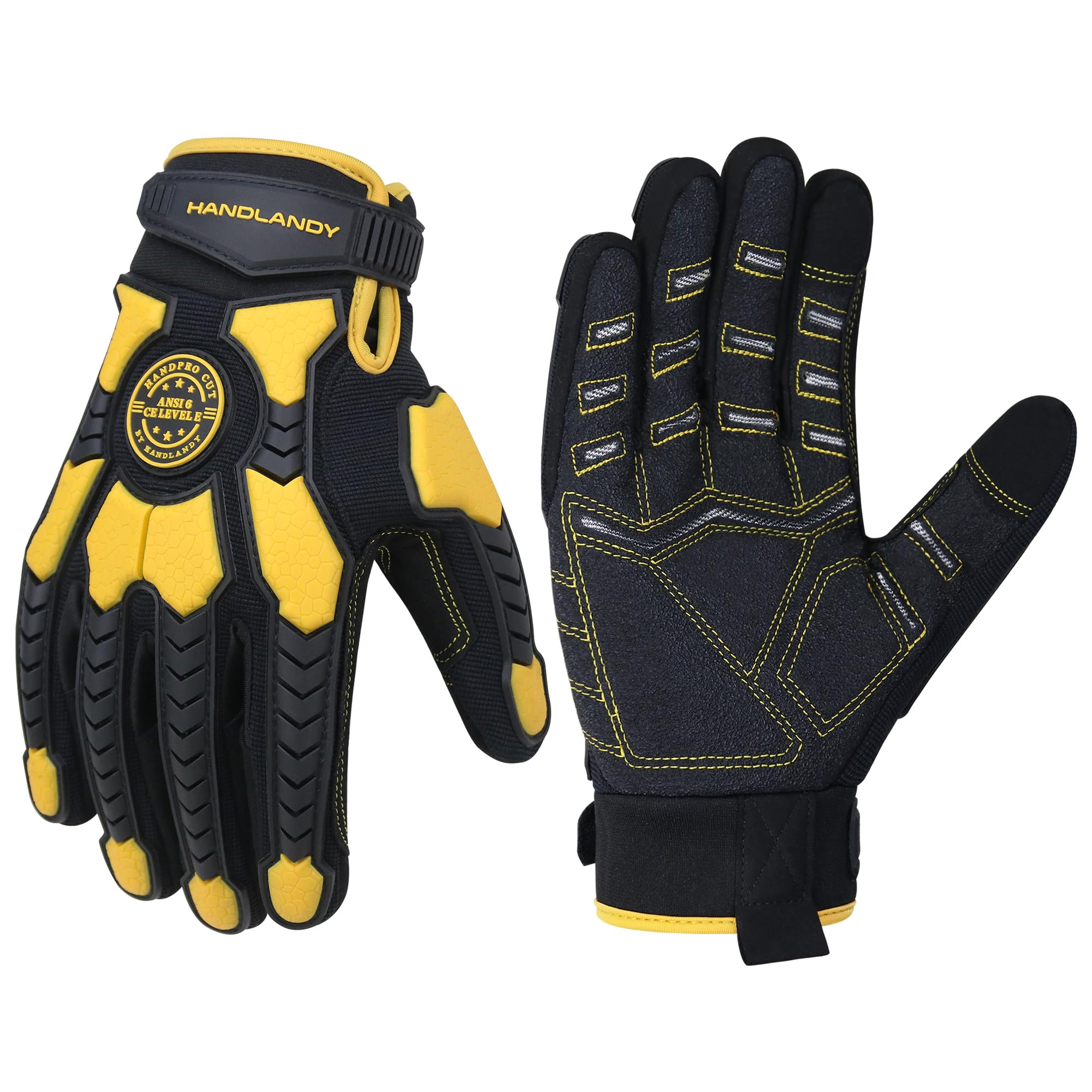 HANDLANDY Cut Resistant Gloves Men Anti Vibration Work Gloves, Padded Palm Grip Heavy Duty Working Gloves (Black-Yellow, XL)