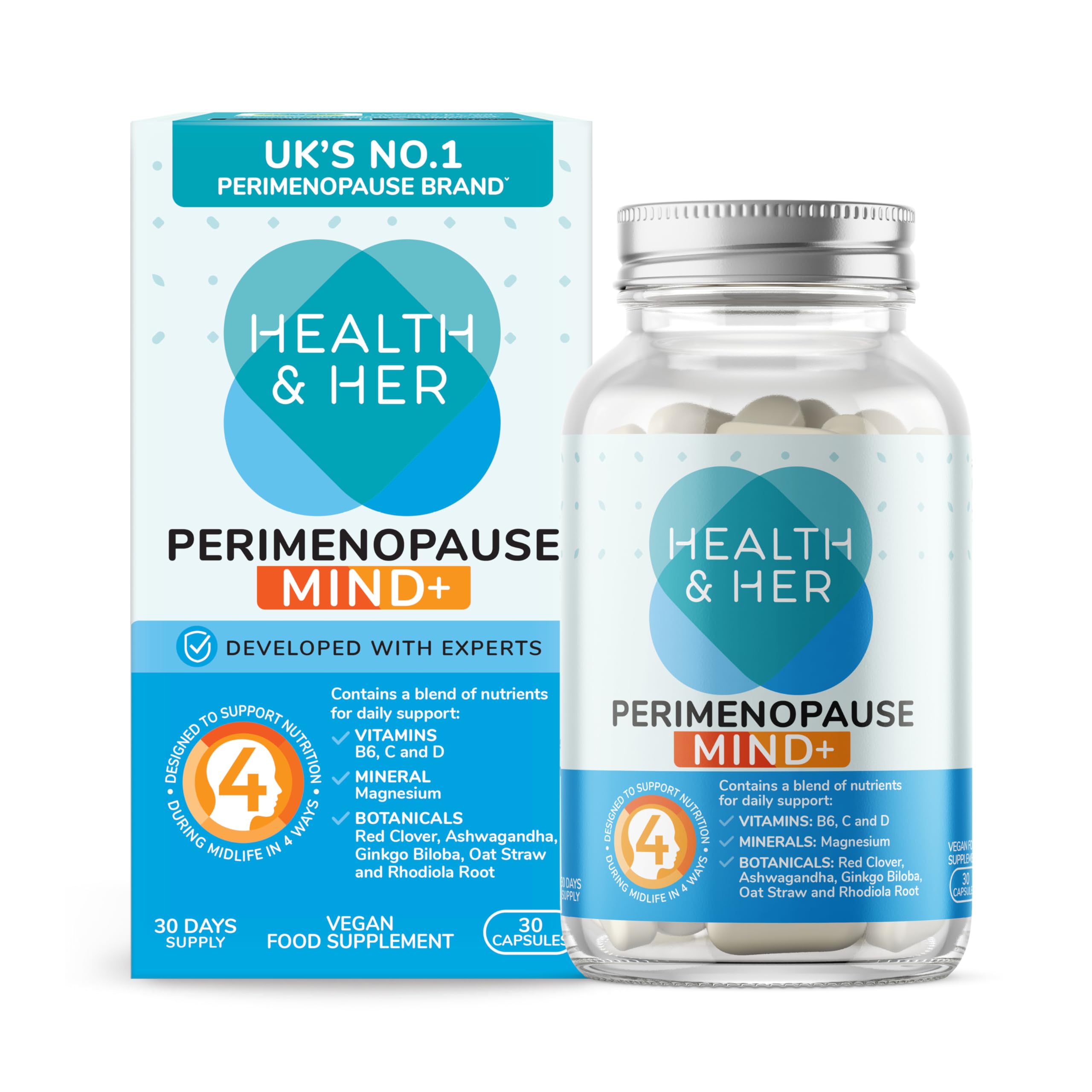 Health & Her Perimenopause Mind+ Supplements for Women - with Red Clover, Ashwagandha, Gingko Biloba - 1 Month Supply, 30 Capsules - Vegan & Gluten Free