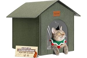 Fecuria Outdoor Cat House Weatherproof, Insulated Cat Houses for Outdoor/Indoor Cats for Winter, Waterproof Feral Stray Cat Shelter with Door Curtain and Warm Cushion, Easy to Assemble, Olive Green