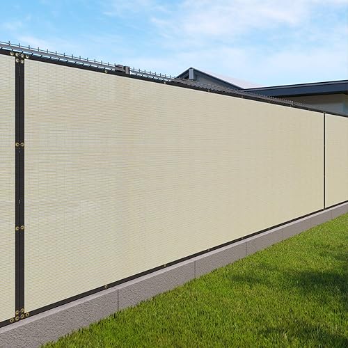 Windscreen4less Heavy Duty Privacy Screen Fence in Color Beige with White Stripes 4' x 1' Brass Grommets 150 GSM - Customized Size