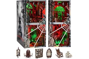 fifijoy Haunted Horror Book Nook Kit, DIY Miniature Dollhouse Halloween Booknook Kit, Spooky Creepy Scary 3D Wooden Puzzle Bookend Bookshelf Insert Decor with LED Light (Haunted Mansion)