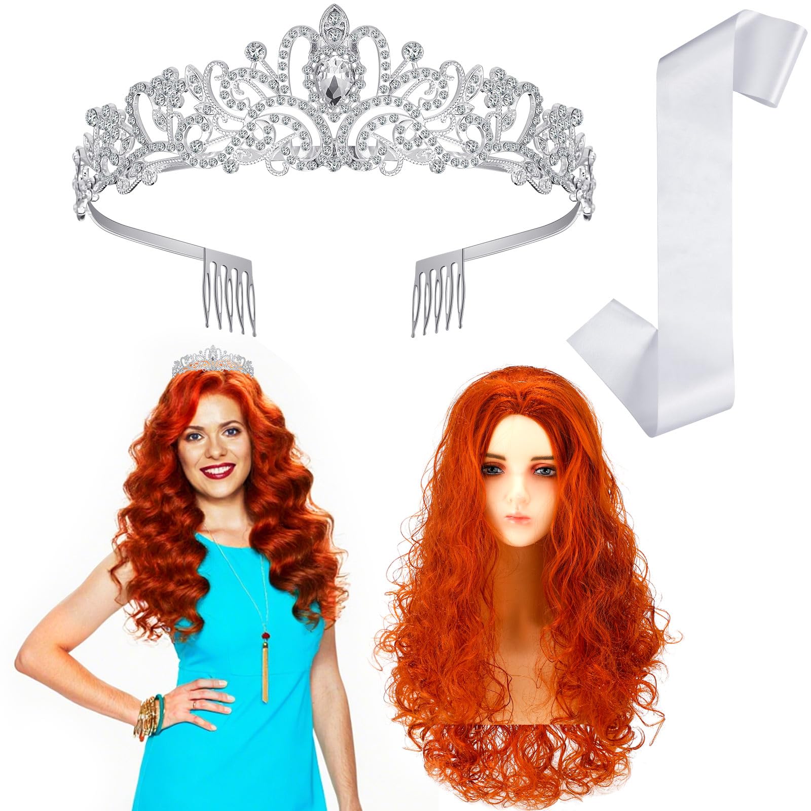 Photo 1 of ***Factory seal***
Wavwavw Pcs Halloween Singer Look Costume Set Long Red Orange Curly Wig Silver Crystal Tiara and Blank White Sash Retro Singer Performance Outfit for Pop Star Cosplay