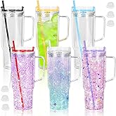 CHLJAR 40 Oz Plastic Double Wall Snow Globe Tumbler, 6 Pack Acrylic Snowglobe Tumbler with Pre Drilled Hole and Plug, Snow Globe Cups with Handle, Multicolor