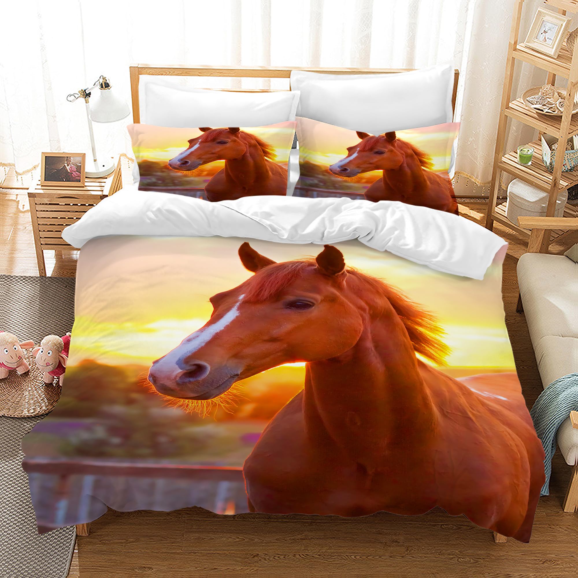 AVJWWD Bedding Duvet Cover Set 3D Print Horse Quilt Cover Bedding Sets 135×200cm, Animal Horse Print Microfibre Duvet Cover Set with 2 Pillowcases 50 ×75cm,for Boys Girls (H 02, 135x200cm) — image 1
