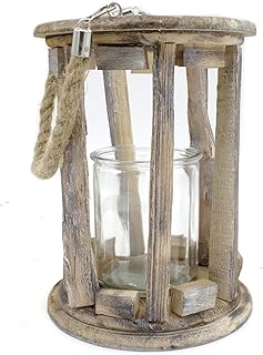 DARO DEKO Holz-Laterne mit Kerzenglas und Seil-Griff S - Ø 14 x 19cm